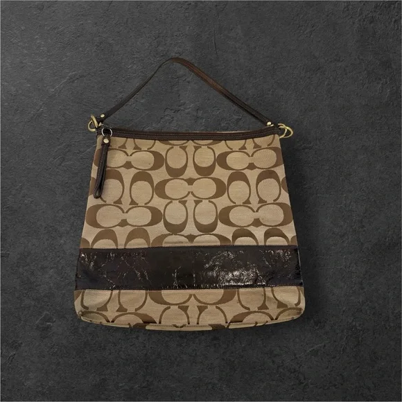 Coach Signature Jacquard Canvas & Patent Leather Hobo Shoulder Bag Khaki/Brown - Picture 11 of 11